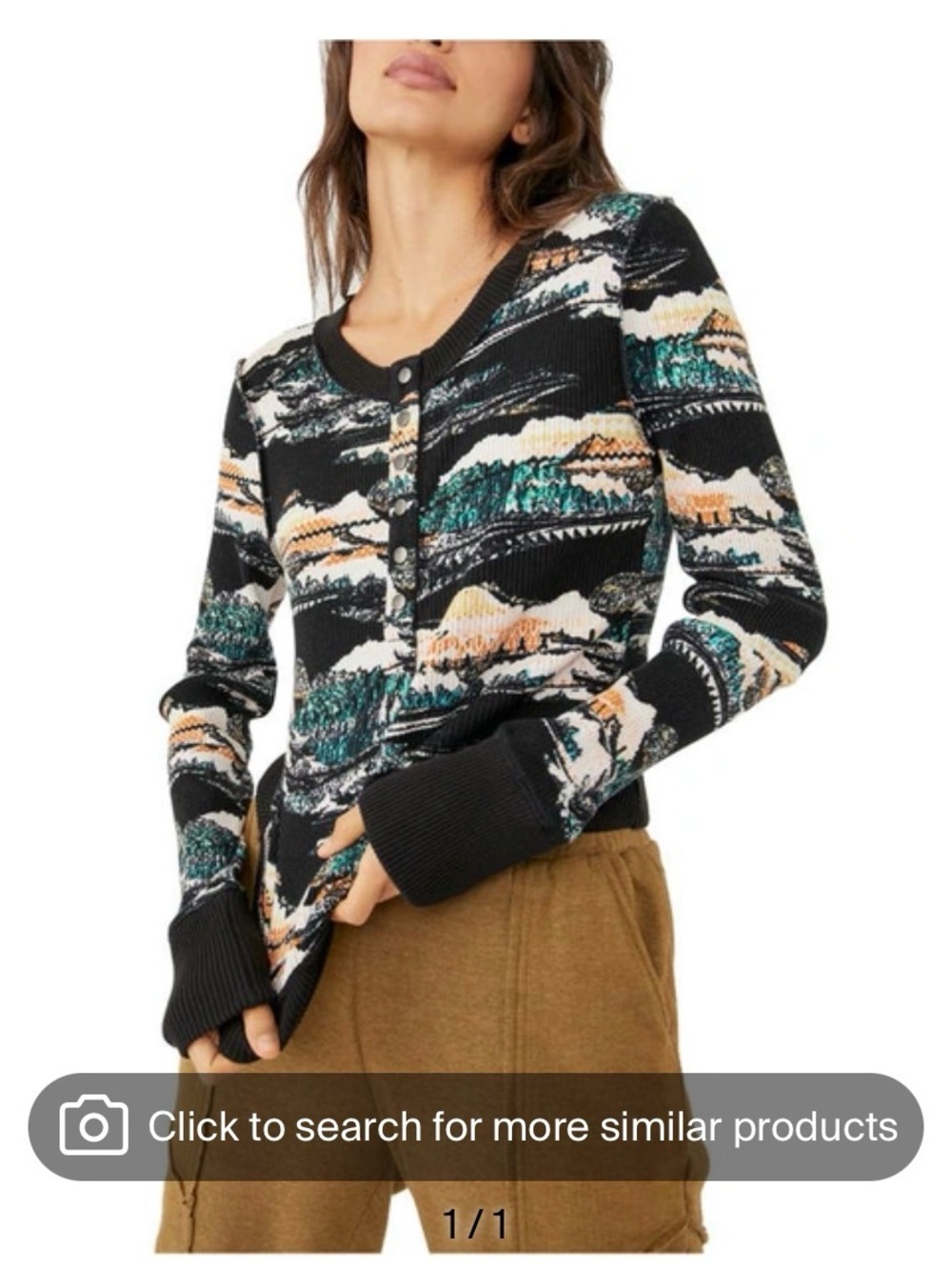 FP Movement by Free People Black Multi-Pattern Button-Front Long Sleeve Tee